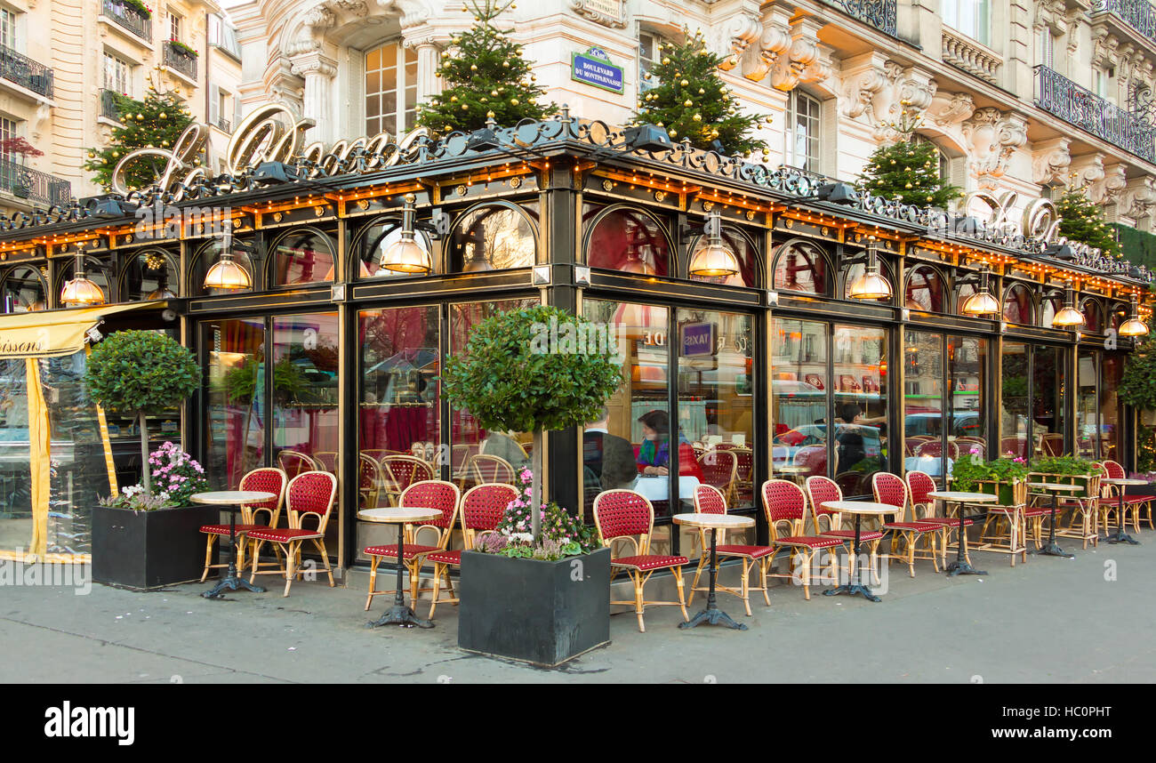 Paris, France-December 05, 2016: The famous restaurant Le Dome decorated for Christmas located on Montparnasse  boulevard in Paris. Stock Photo