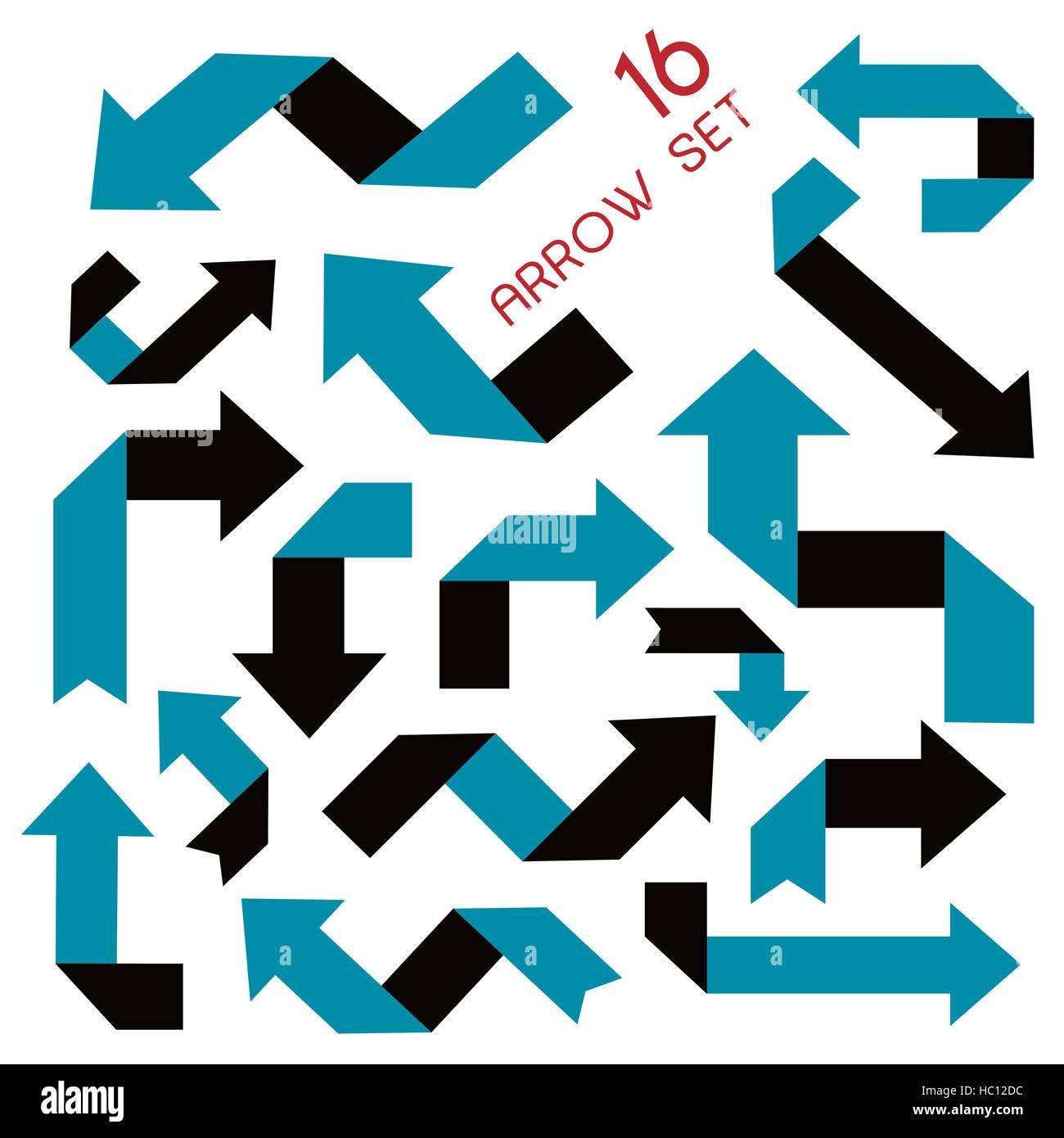 set of blue origami arrows set isolated on white background Stock