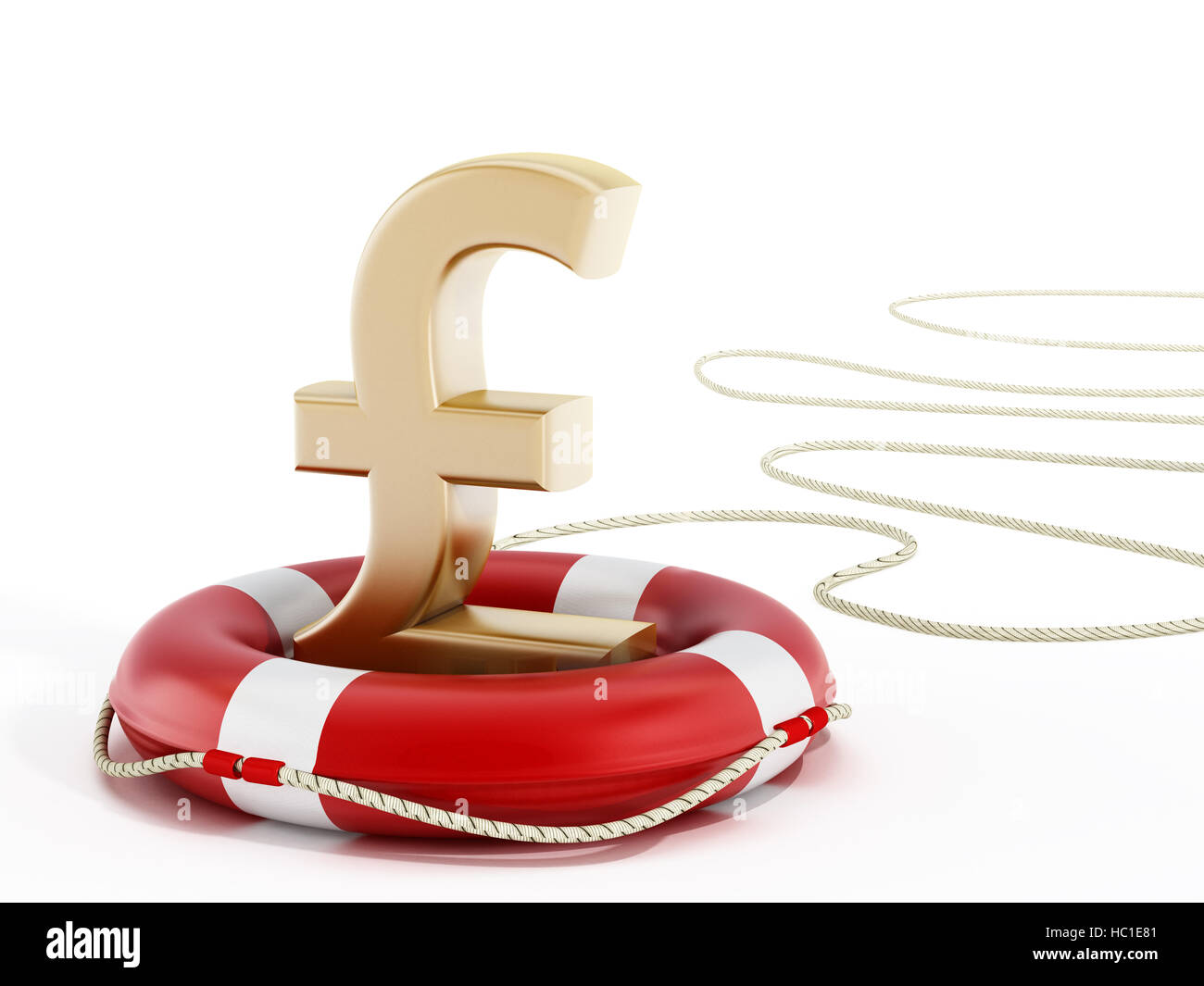 Golden pound symbol on lifebelt. 3D illustration. Stock Photo