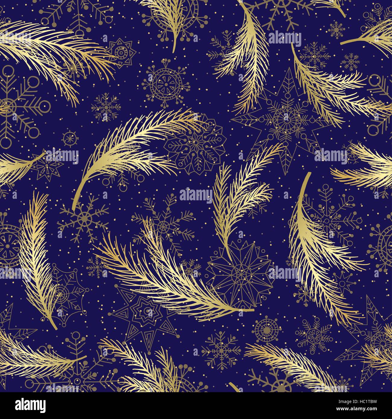 Hand drawn fir tree branches and snowflakes seamless pattern. Winter ...