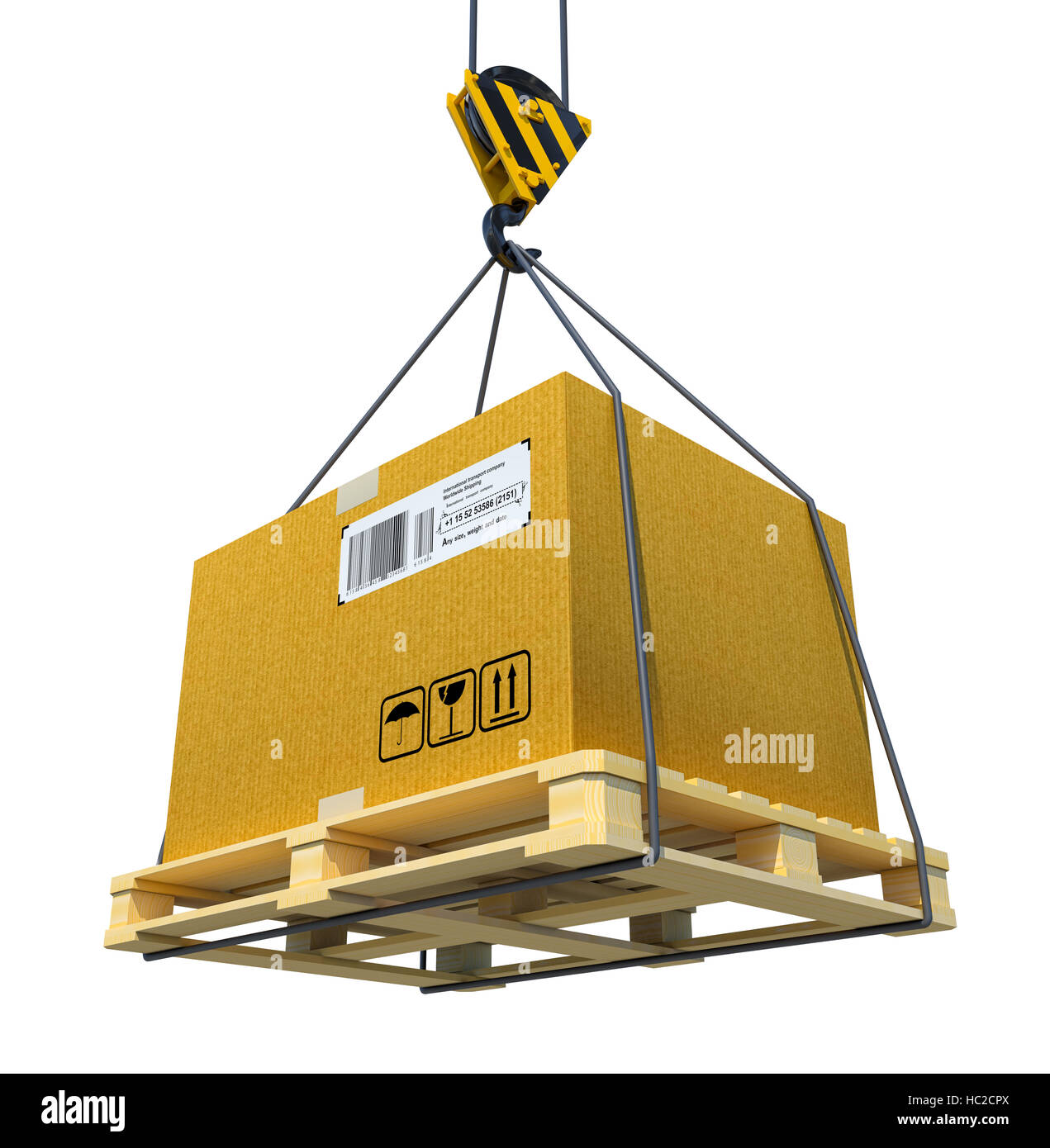 Pallet with cardboard lifted by crane Stock Photo - Alamy