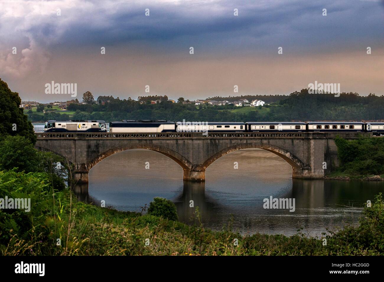 Outside of Transcantabrico Gran Lujo luxury train travellong across northern Spain, Europe. Bridge near Viveiro town, Galicia, Spain Stock Photo