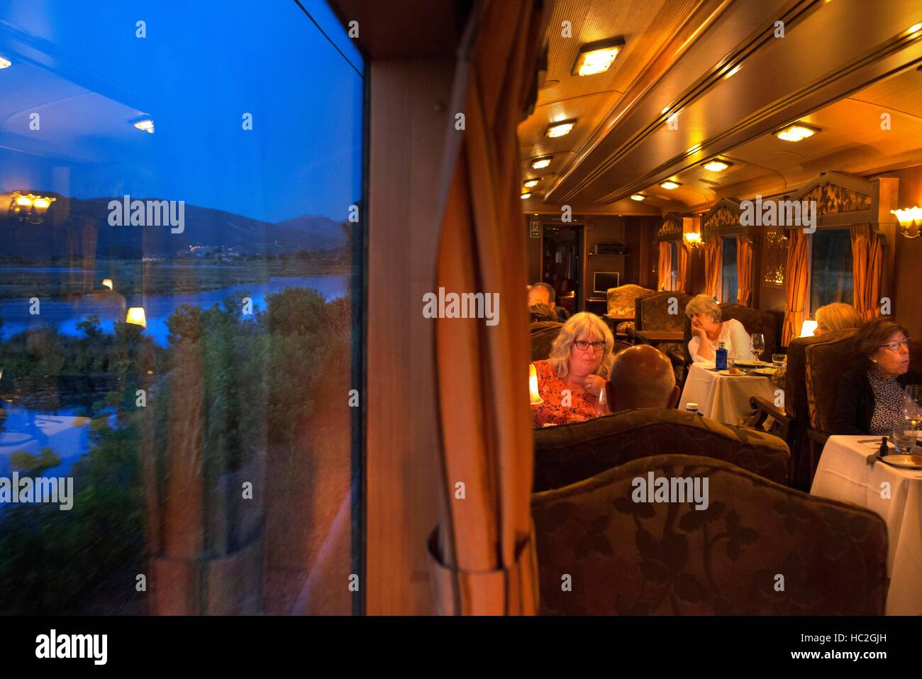 Inside of Transcantabrico Gran Lujo luxury train travellong across northern Spain, Europe. Interior of restaurant car Stock Photo