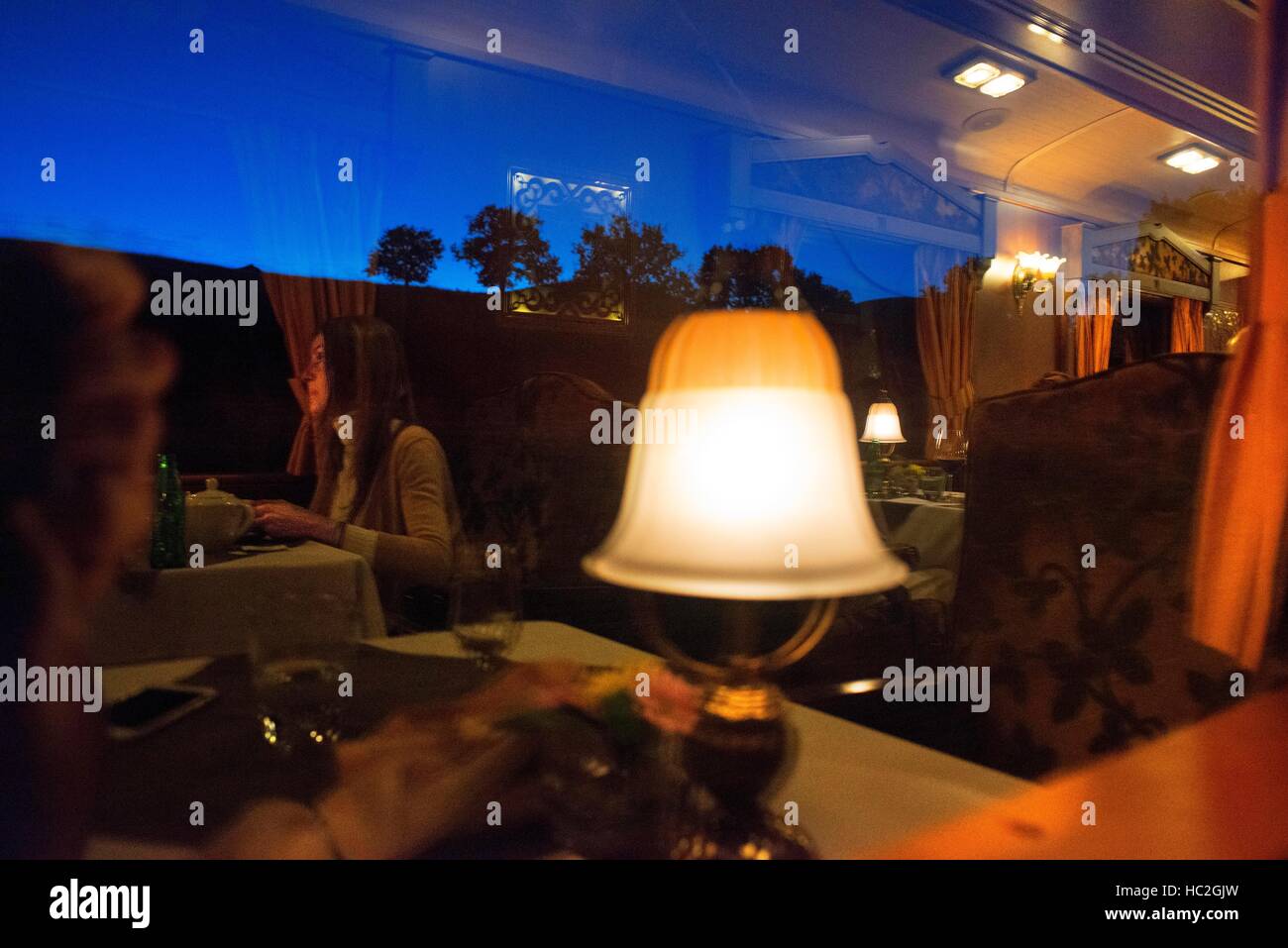 Inside of Transcantabrico Gran Lujo luxury train travellong across northern Spain, Europe. Interior of restaurant car Stock Photo