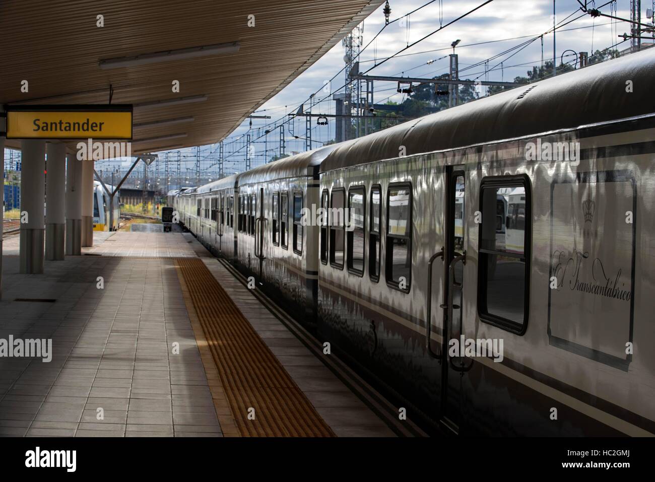Outside of Transcantabrico Gran Lujo luxury train travellong across northern Spain, Europe. Stoped in Santander station. Stock Photo
