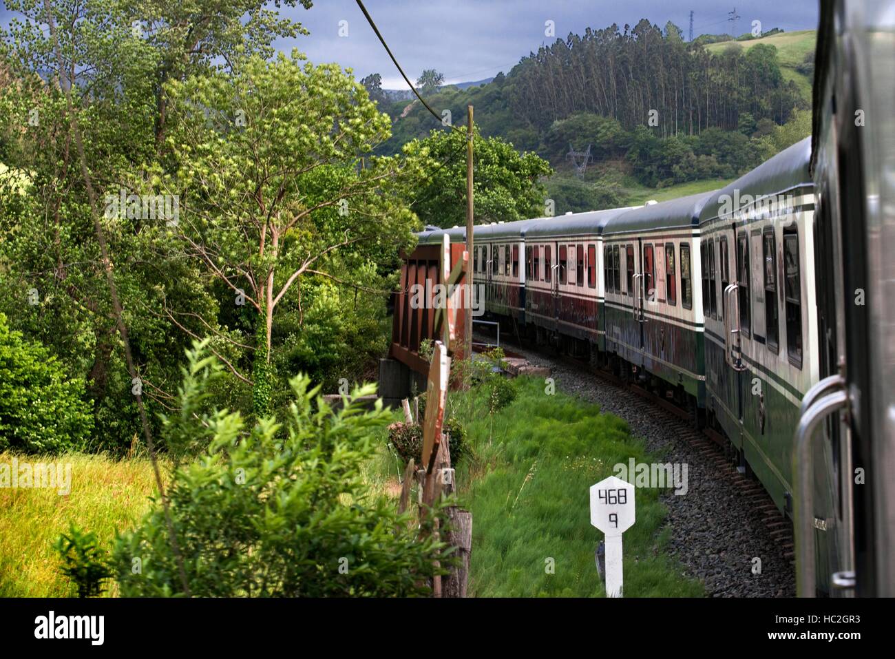 Outside of Transcantabrico Gran Lujo luxury train travellong across northern Spain, Europe. Journey between Unquera and Cabezon de la Sal. Stock Photo