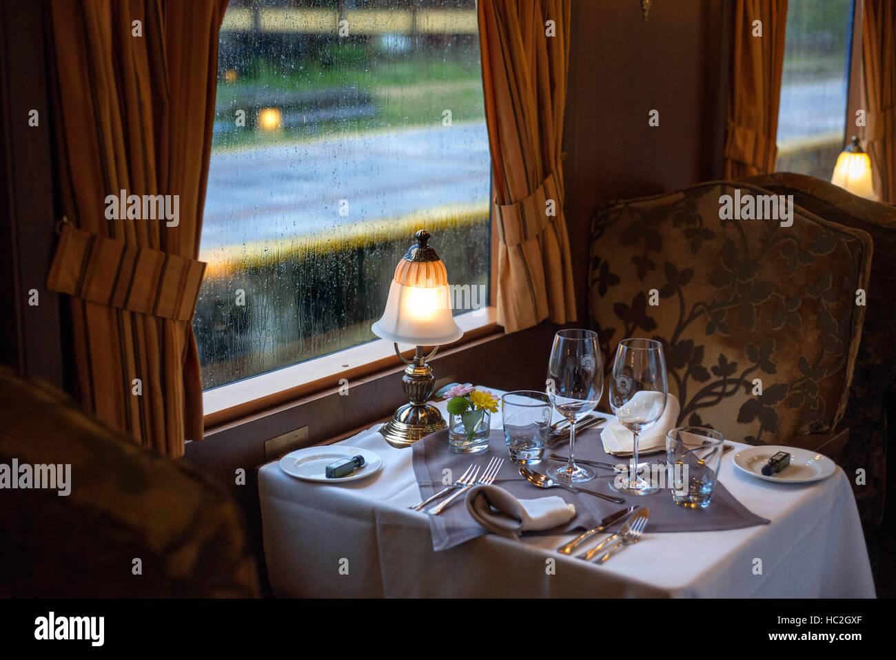 Inside of Transcantabrico Gran Lujo luxury train travellong across northern  Spain, Europe. Interior of restaurant car Stock Photo - Alamy