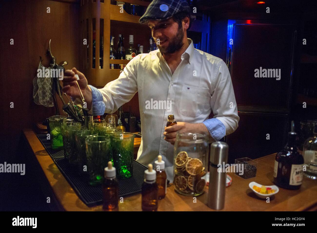 Inside of Transcantabrico Gran Lujo luxury train travellong across northern Spain, Europe. Interior of discotheque car. Gintonics tasting. Stock Photo