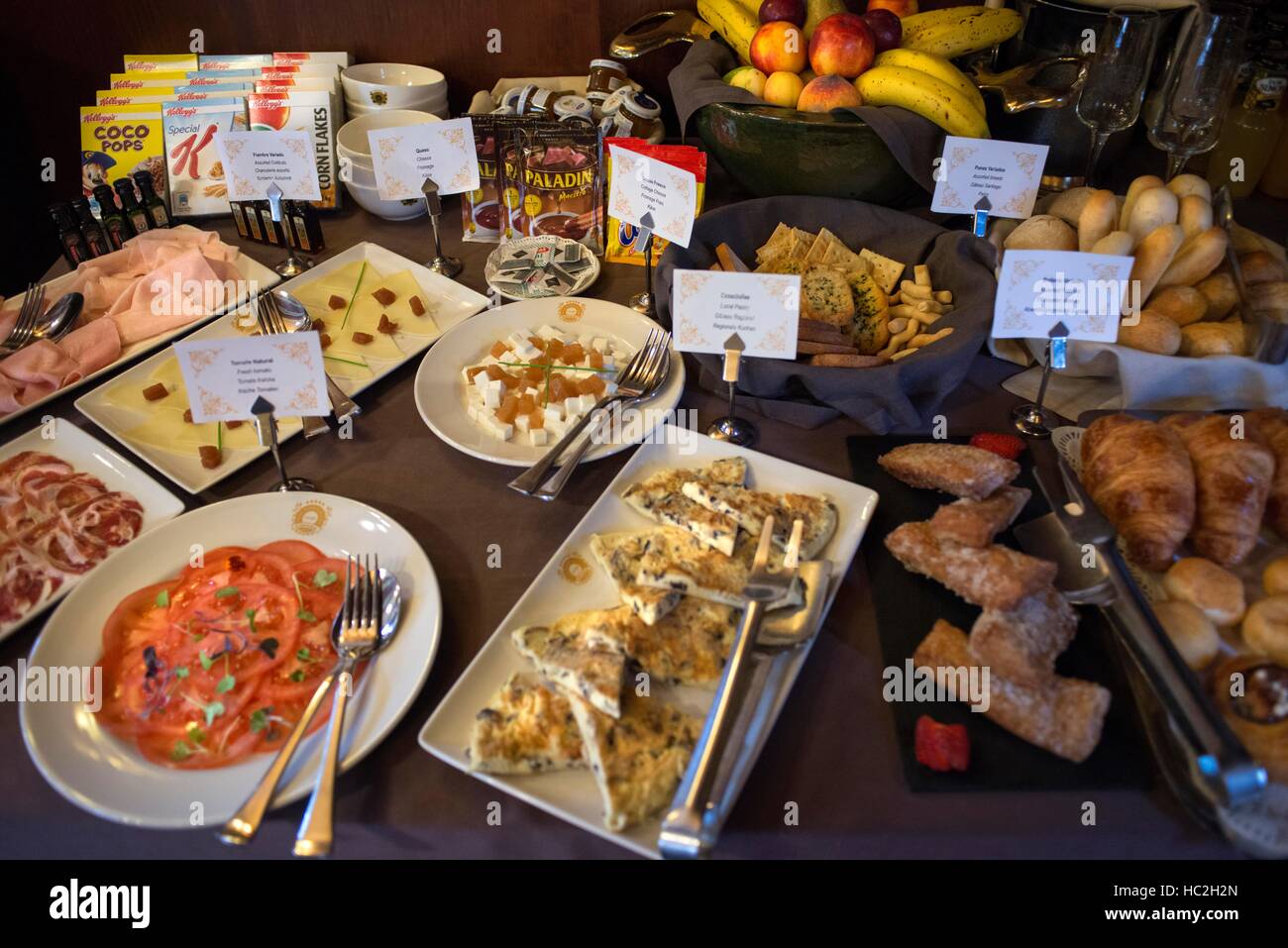 Inside of Transcantabrico Gran Lujo luxury train travellong across northern Spain, Europe. Breakfast buffet. Stock Photo