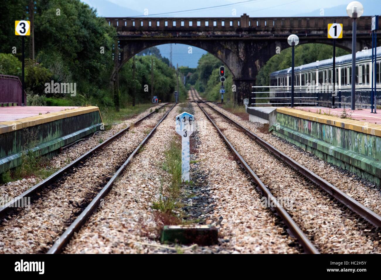 Outside of Transcantabrico Gran Lujo luxury train travellong across northern Spain, Europe. Stoped at Ribadeo station, Galicia, Spain. Stock Photo