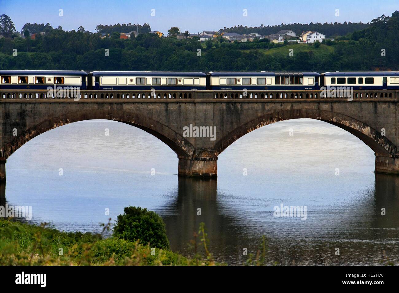 Outside of Transcantabrico Gran Lujo luxury train travellong across northern Spain, Europe. Bridge near Viveiro town, Galicia, Spain Stock Photo