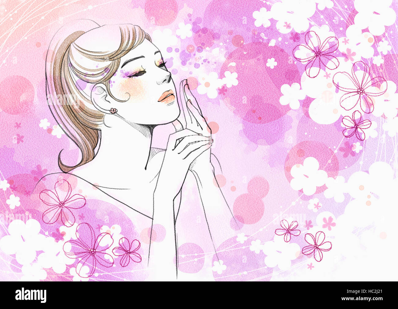 Young woman wrapping face closing eyes with pink flowers Stock Photo ...