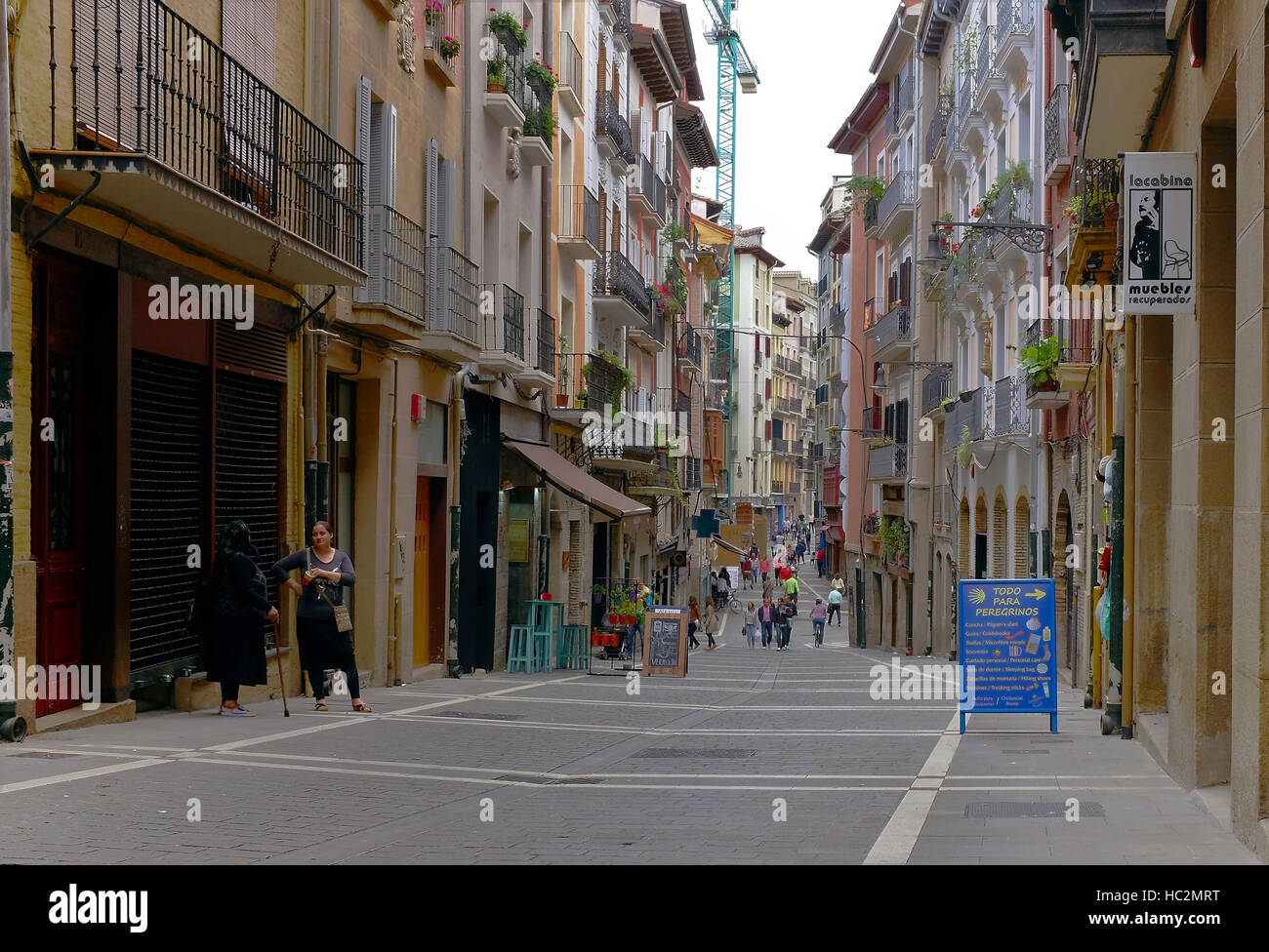 A stretch of road in the old town area of Pamplona, Spain, catering to pilgrims/peregrinos walking the Camino Frances. Stock Photo