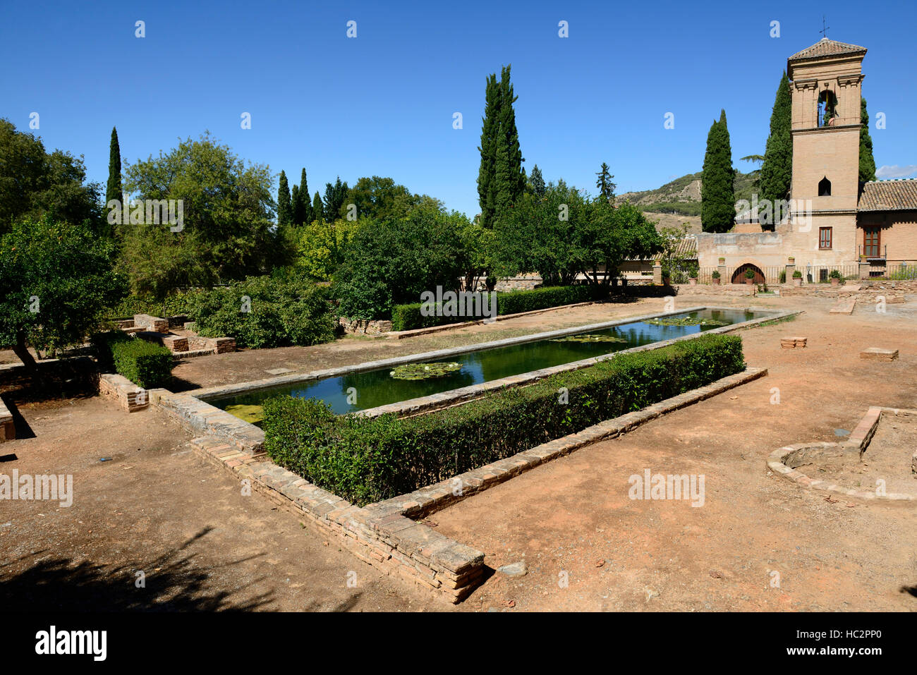 Garden of the Partal Alhambra Palaces and Gardens Granada Spain UNESCO RM Floral Stock Photo