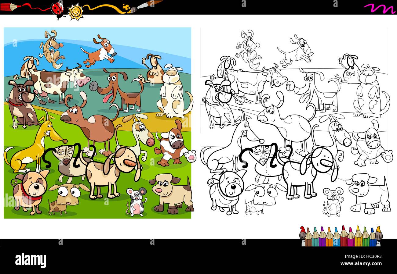 Cartoon Illustration of Funny Dogs Coloring Book Activity Stock Vector ...