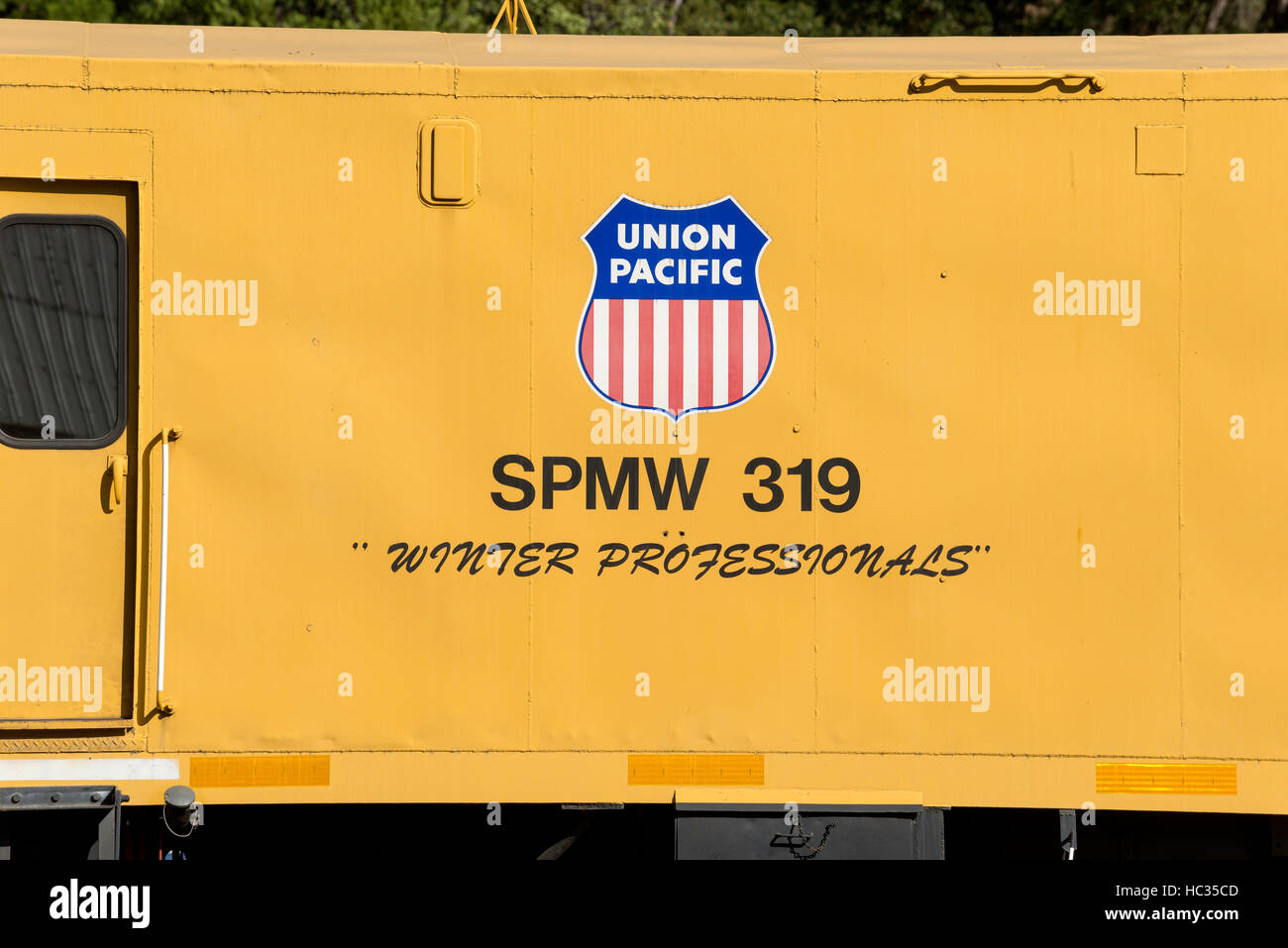 Union Pacific logo on a flanger rail car in Northern California Stock