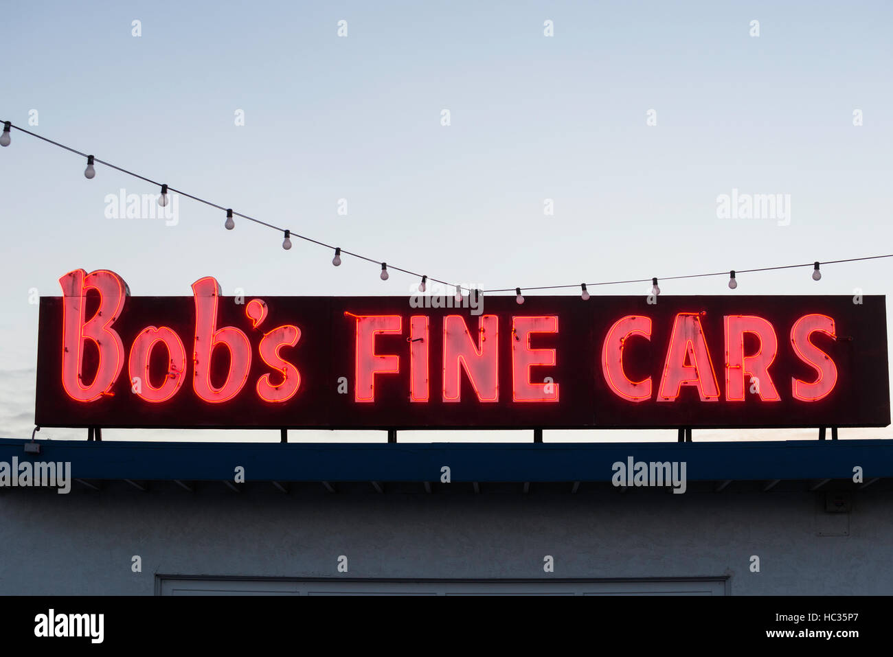 Neon sign at a used car dealership in Eureka, California