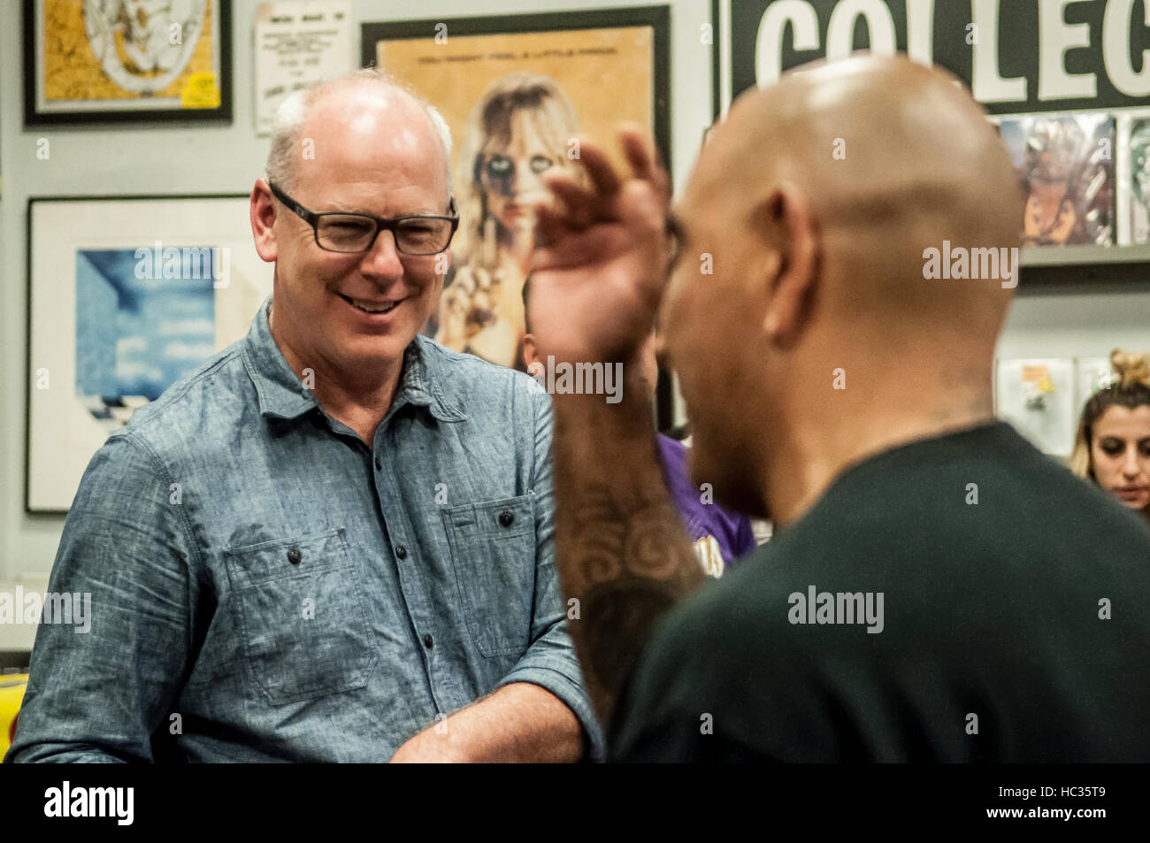 Greg Graffin of Bad Religion signing copies of his latest book, Population Wars, at Amoeba Records before performing at The Hollywood Palladium on the Vox Populi tour, 4th November 2016. Stock Photo