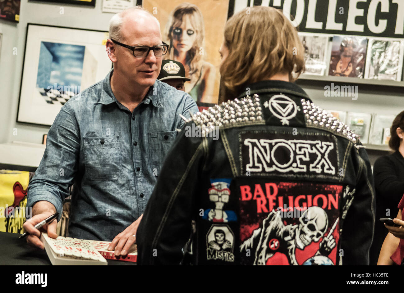 Greg Graffin of Bad Religion signing copies of his latest book, Population Wars, at Amoeba Records before performing at The Hollywood Palladium on the Vox Populi tour, 4th November 2016. Stock Photo