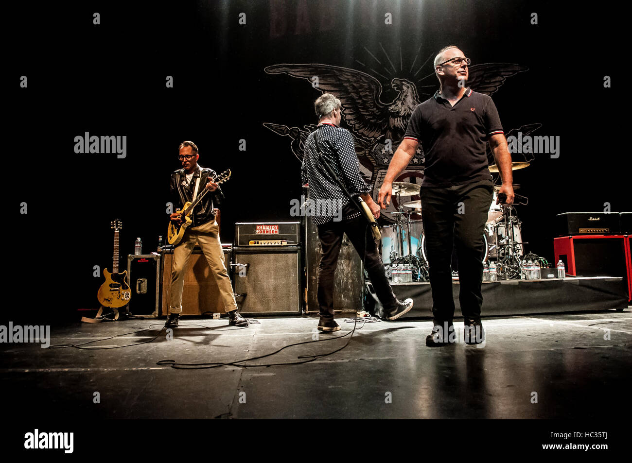 Jay Bentley, Mike Dimkich and Greg Graffin of Bad Religion performing live in Los Angeles at The Hollywood Palladium on the Vox Populi tour, 4th November 2016. Stock Photo