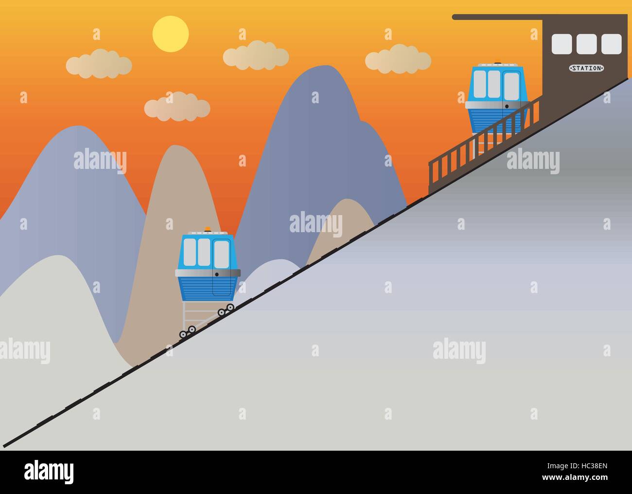 Cliff Rails Funicular or cliff rail way and Station with hill background Vector ...