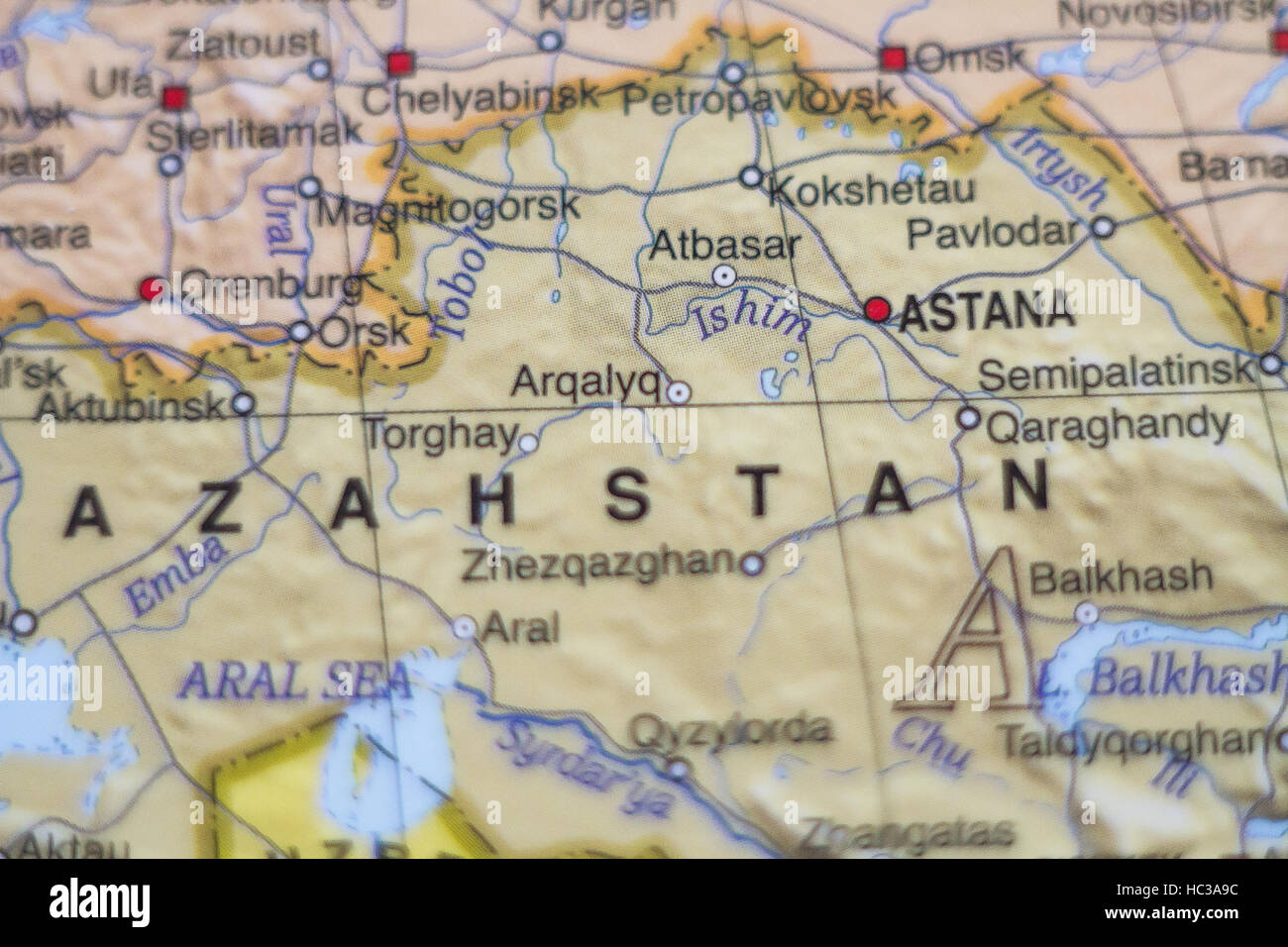 Photo of a map of Kazahstan and the capital Astana . Stock Photo