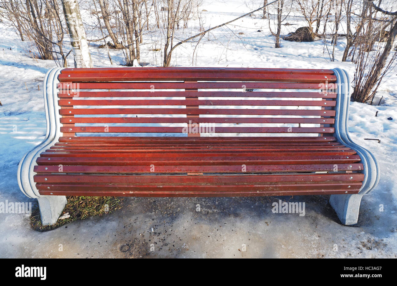 Red benches in the park. Winter Stock Photo Alamy