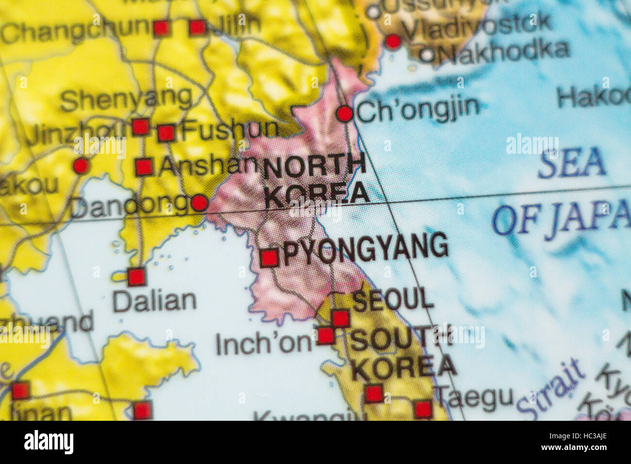 Photo of a map of North Korea and the capital Pyongyang . Stock Photo