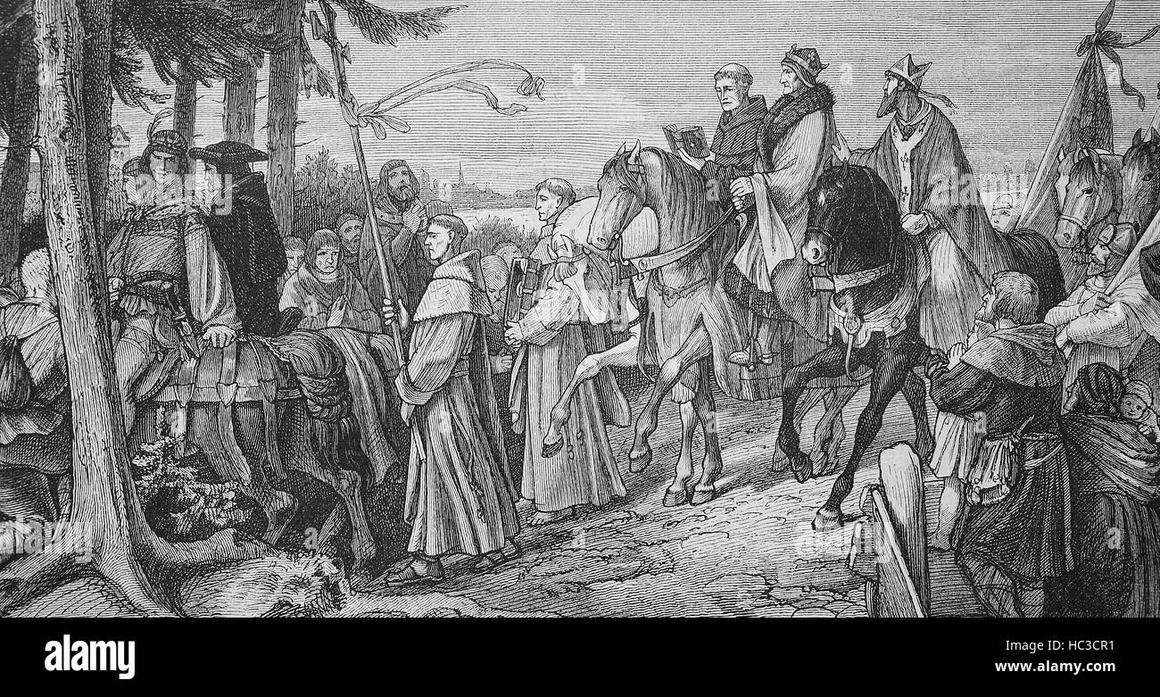 Rudolf II, 1552 - 1612, Holy Roman Emperor, on his way to Speyer, historical illustration, woodcut, 1890 Stock Photo