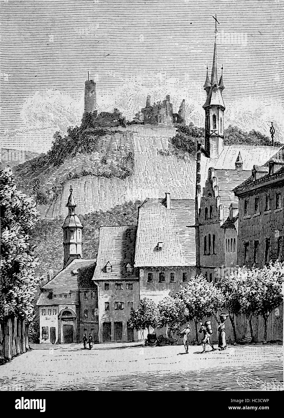 Windeck Castle, Burg Windeck and the city of Weinheim on the Bergstrasse, Germany, historical illustration, woodcut, 1890 Stock Photo