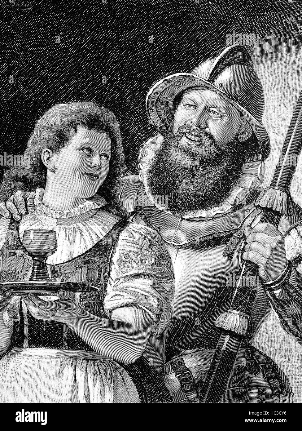 Galanter Landsknecht, tried to flirt with the service in an inn, historical illustration, woodcut, 1890 Stock Photo