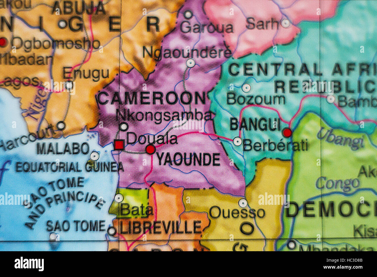Photo of a map of Cameroon and the capital Yaounde . Stock Photo