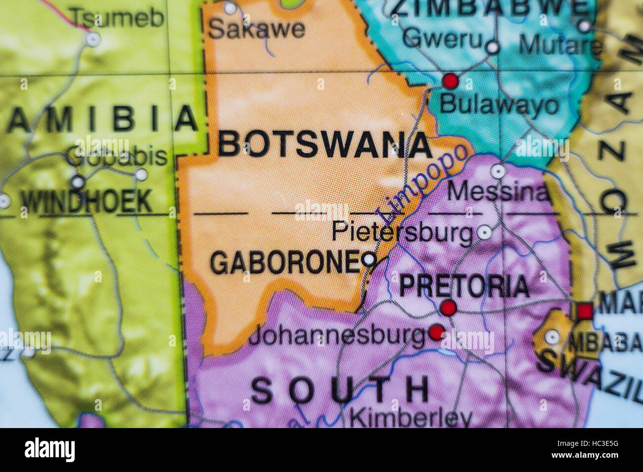 Photo of a map of Botswana and the capital Gaborone . Stock Photo