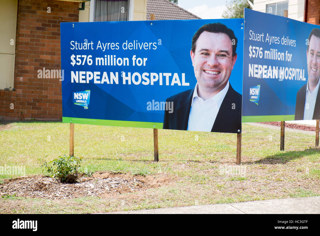 NSW Government funding for Nepean Hospital project, billboard attributing this to local member Stuart Ayres, Liberal Minister Stock Photo