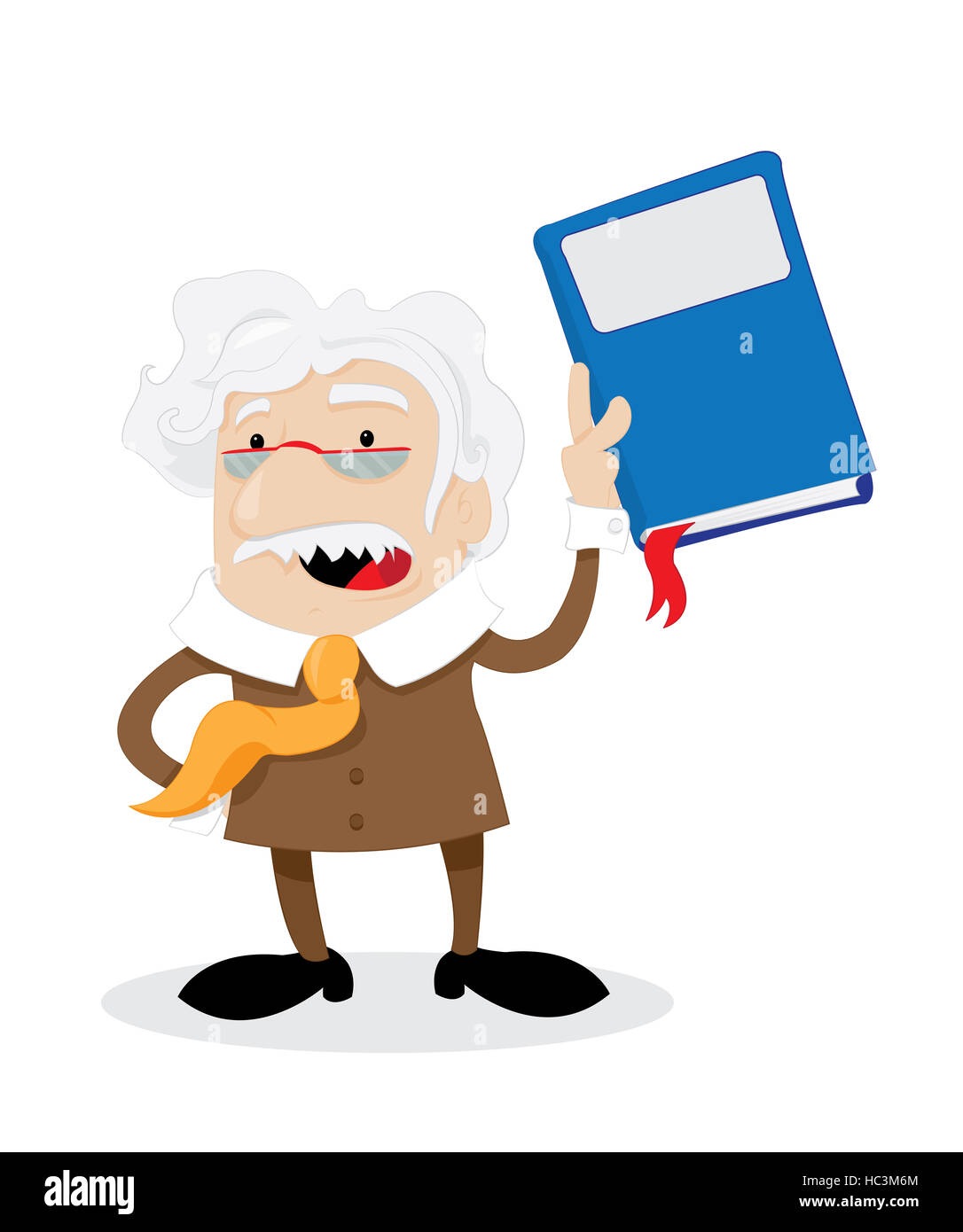 a vector cartoon representing a funny professor in a brown suit, talking and showing a big blue covered book, with a blank tag i Stock Photo