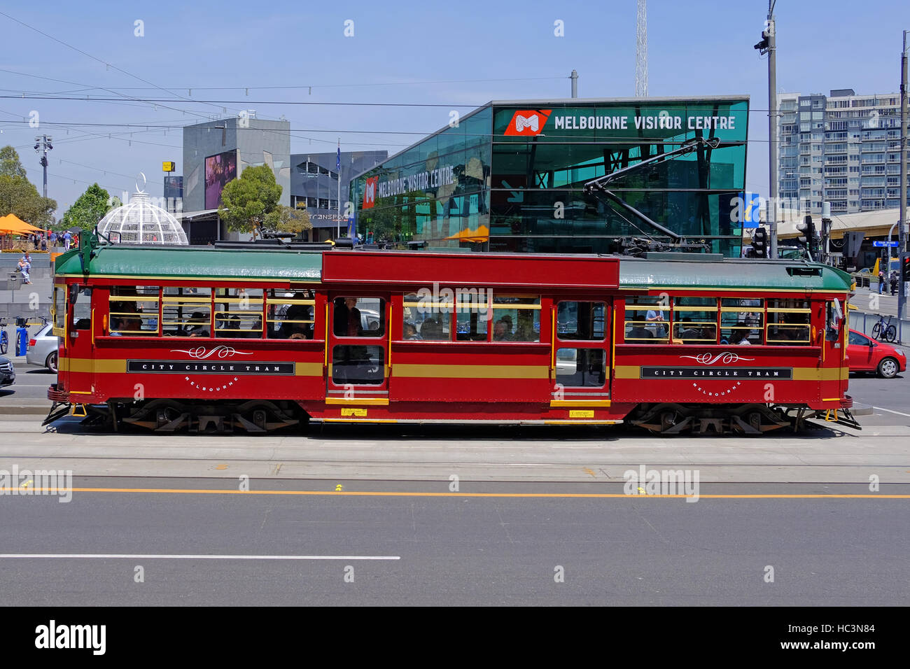 Melbourne's historic tram, which runs a circular route round the city centre passes the Visitor Centre. Melbourne, Victoria,Australia Stock Photo