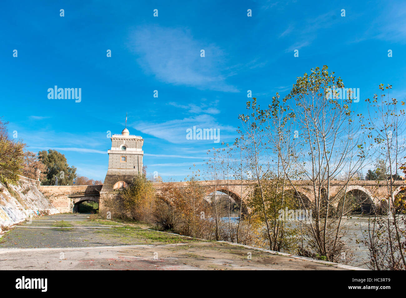 Rome (Italy) - The Tiber river and the Milvio Bridge Stock Photo