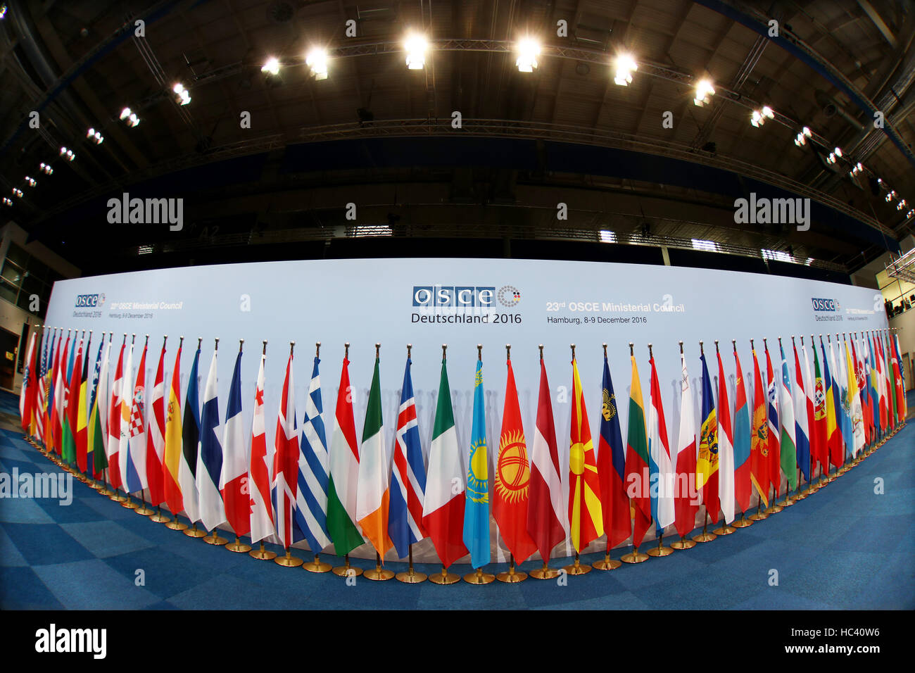 Hamburg, Germany. 7th Dec, 2016. Flags of the OSCE member states pictured in the media centre at the exhibition halls in Hamburg, Germany, 7 December 2016. According to the German foreign minsitry, 50 foreign ministers of the 57 OSCE member states have registered for the conference of the OSCE council of ministers on 8 and 9 December. Photo: Christian Charisius/dpa/Alamy Live News Stock Photo