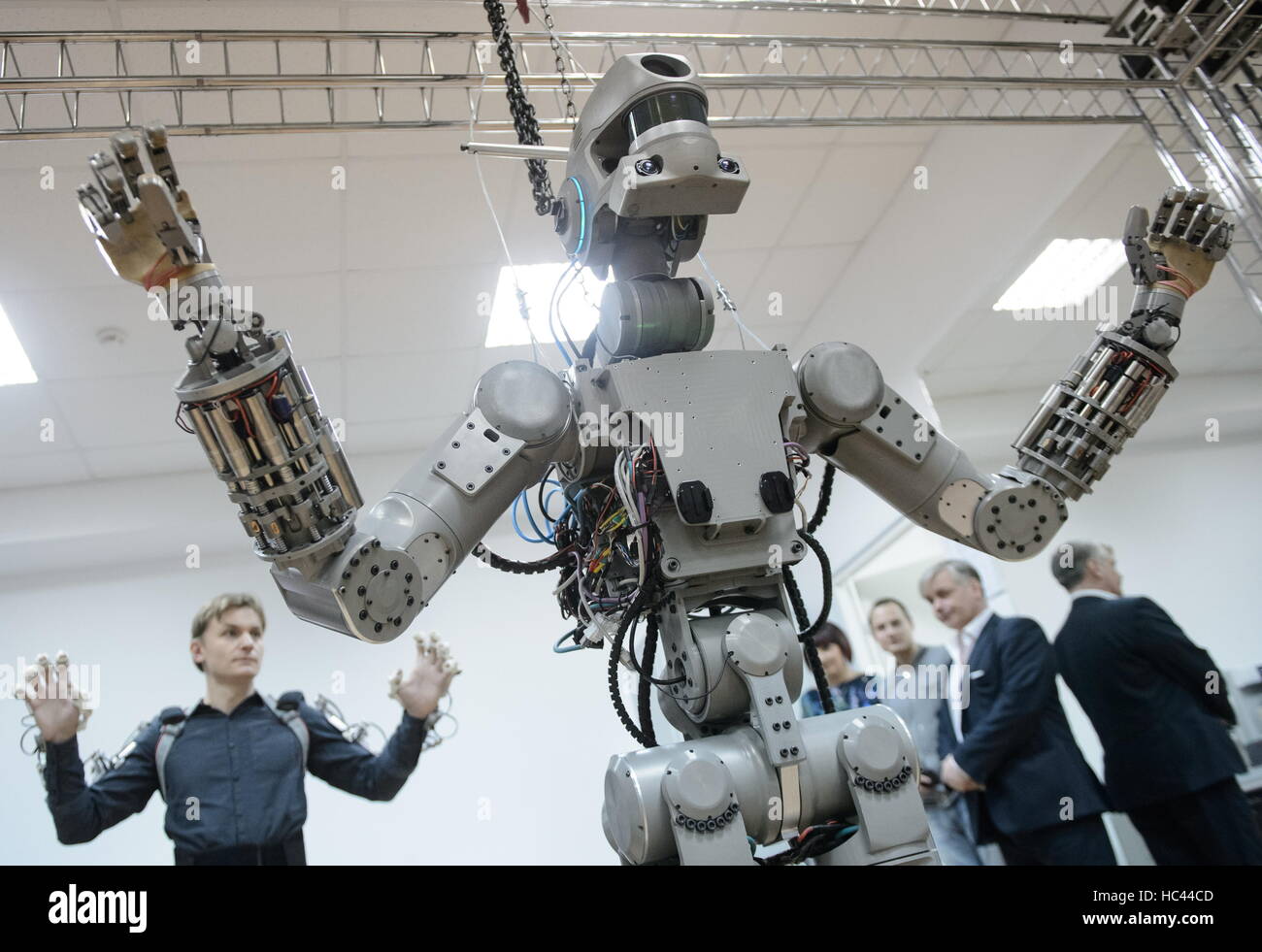 Magnitogorsk, Russia. 7th Dec, 2016. Testing the Russian humanoid rescue robot  Fyodor at the Android Technics Scientific Production Association. The robot  can be remotely controlled by a person in a special suit