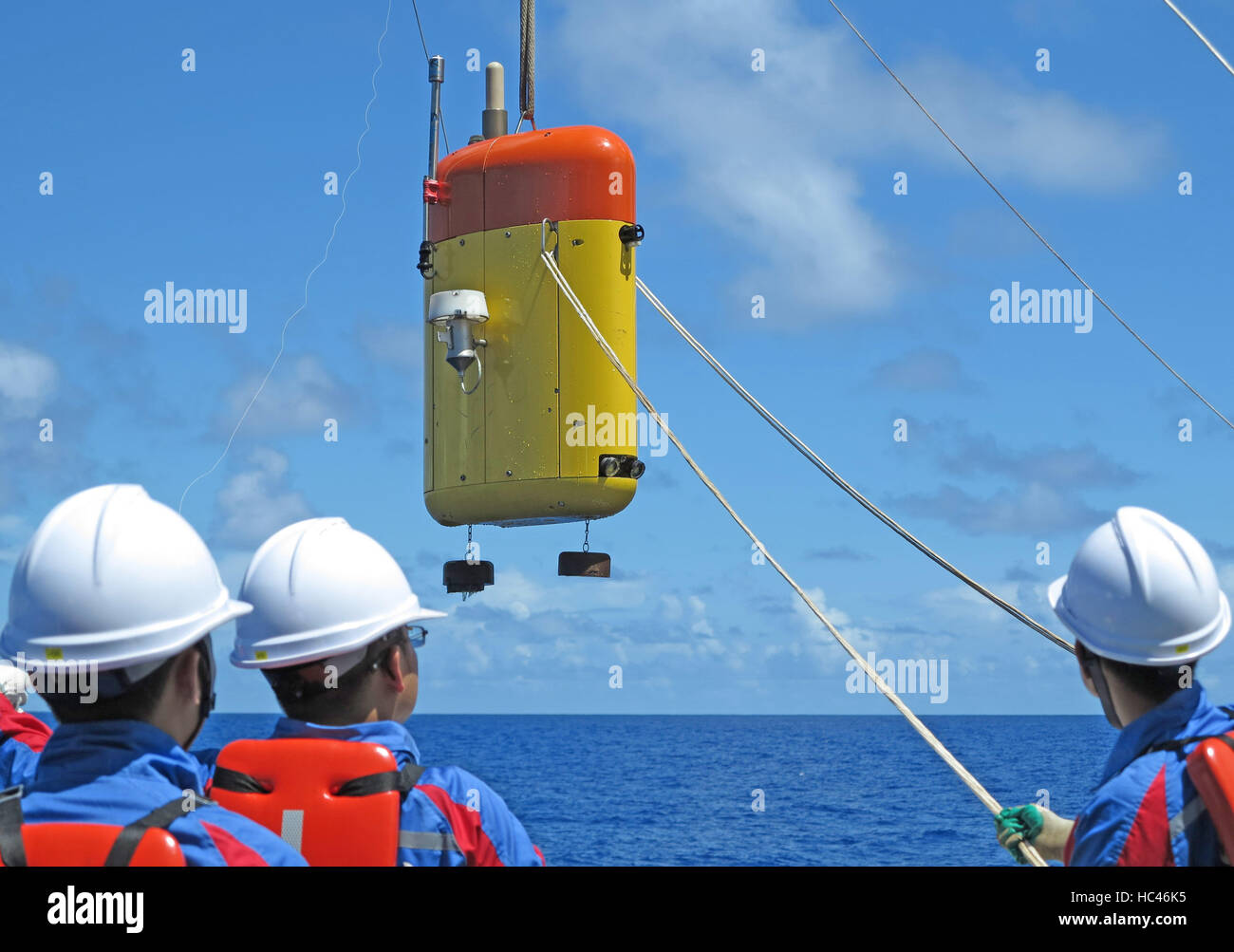 (161208) -- BEIJING, Dec. 8, 2016 (Xinhua) -- China's unmanned submersible 'Haidou-1' prepares to dive into waters near the Mariana Trench in the West Pacific, the deepest area in the world, during a scientific expedition on July 1, 2016. During the trip, the submersible dived to a depth of 10,767 meters, setting a new record for the country. It is another milestone in China's maritime science journey after Jiaolong manned submersible. In June 2012, Jiaolong reached a depth of 7,062 meters at the Mariana Trench, the deepest of China's manned submersible. China achieved major breakthroughs in s Stock Photo