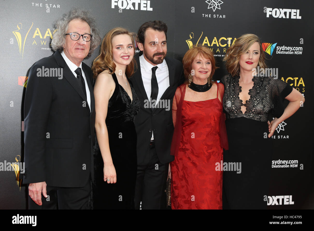 Sydney, Australia. 7 December 2016. Pictured, 'The Daughter' cast and crew, L-R: Geoffrey Rush (Actor - Henry Nielsen), Odessa Young (Actress – Hedvig Finch), Ewen Leslie (Actor - Oliver Finch), Jan Chapman (Producer) and Nicole O’Donohue (Producer). Celebrities, award nominees and industry figures attend the 6th AACTA (Australian Academy of Cinema and Television Arts) Awards at The Star, Pyrmont to celebrate screen excellence. Credit: Credit:  Richard Milnes/Alamy Live News Stock Photo