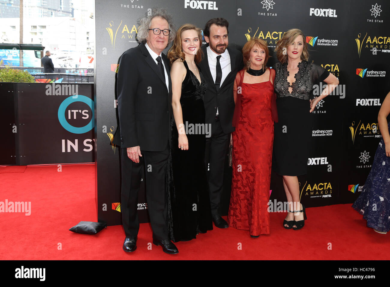 Sydney, Australia. 7 December 2016. Pictured, 'The Daughter' cast and crew, L-R: Geoffrey Rush (Actor - Henry Nielsen), Odessa Young (Actress – Hedvig Finch), Ewen Leslie (Actor - Oliver Finch), Jan Chapman (Producer) and Nicole O’Donohue (Producer). Celebrities, award nominees and industry figures attend the 6th AACTA (Australian Academy of Cinema and Television Arts) Awards at The Star, Pyrmont to celebrate screen excellence. Credit: Credit:  Richard Milnes/Alamy Live News Stock Photo