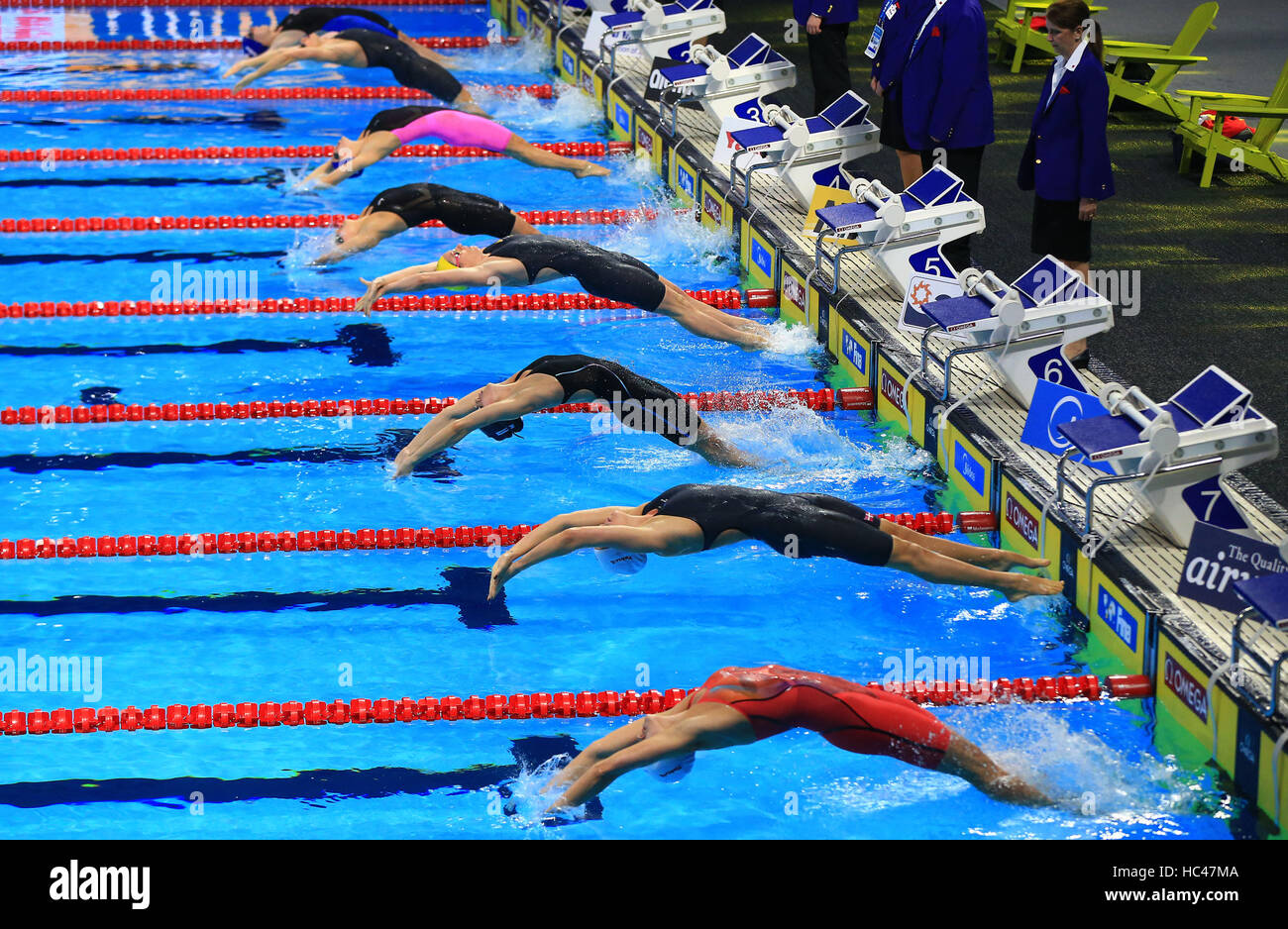 Windsor, Canada. 7th Dec, 2016. Swimmers jumps into the water during