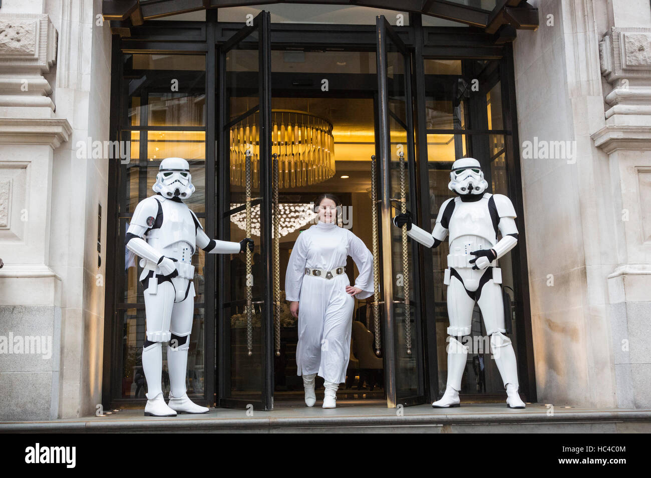 London, UK. 8 December 2016. Stormtroopers and Princess Leia at the launch event. Launch event of the 2017 London's New Year's Day Parade at the Corinthia Hotel. The parade is themed 'Lights, Camera, Actions and will feature characters from the movies. Credit:  Nick Savage/Alamy Live News Stock Photo