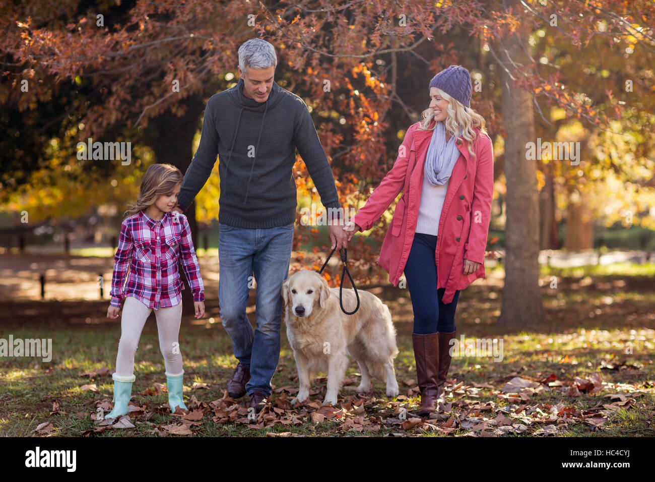Family walking with dog at park Stock Photo - Alamy