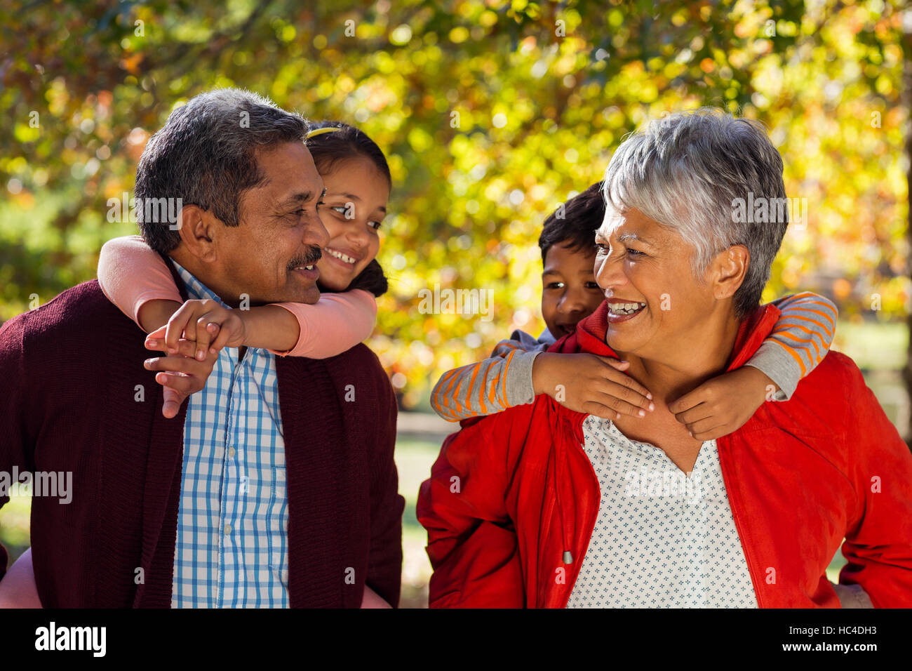 Grandparents piggybacking grandchildren at park Stock Photo