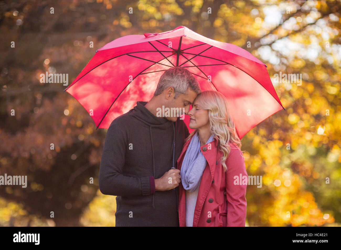 Romantic couple standing with umbrella at park Stock Photo - Alamy