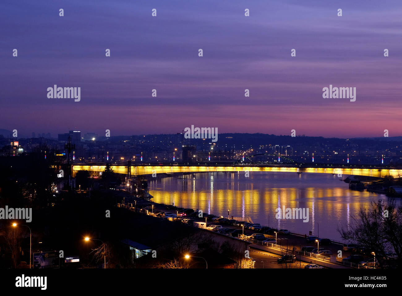 View at sunset of Branko's bridge or Brankov most connecting the city center with New Belgrade across Sava river in the city of Belgrade capital of the Republic of Serbia Stock Photo