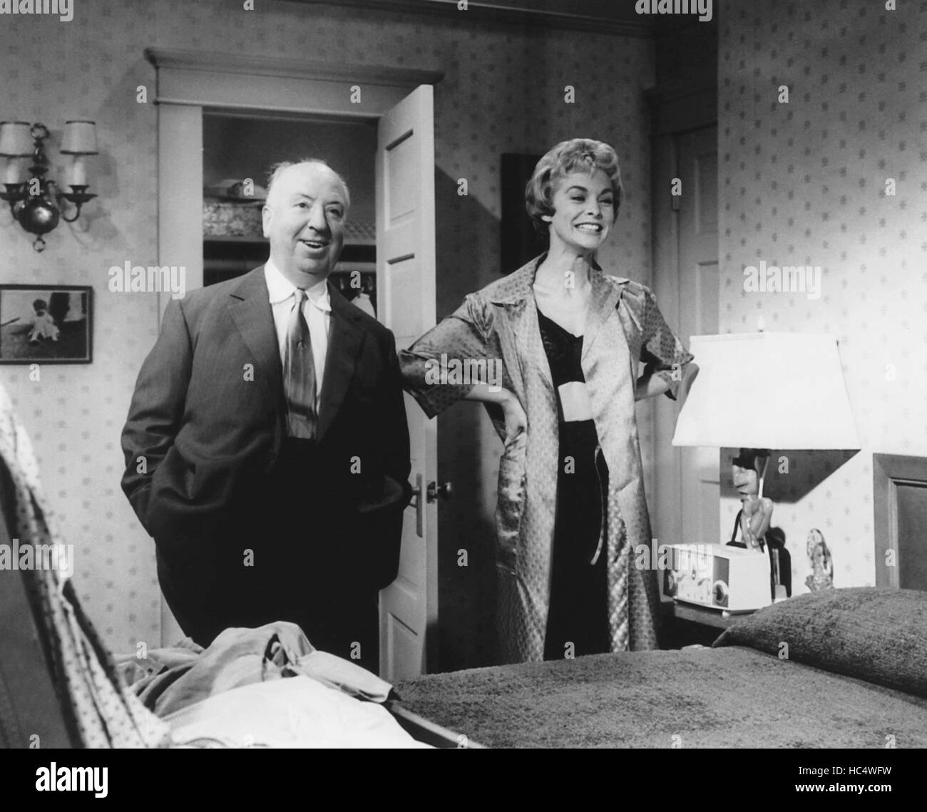 PSYCHO, from left, director Alfred Hitchcock, Janet Leigh, on-set, 1960 ...