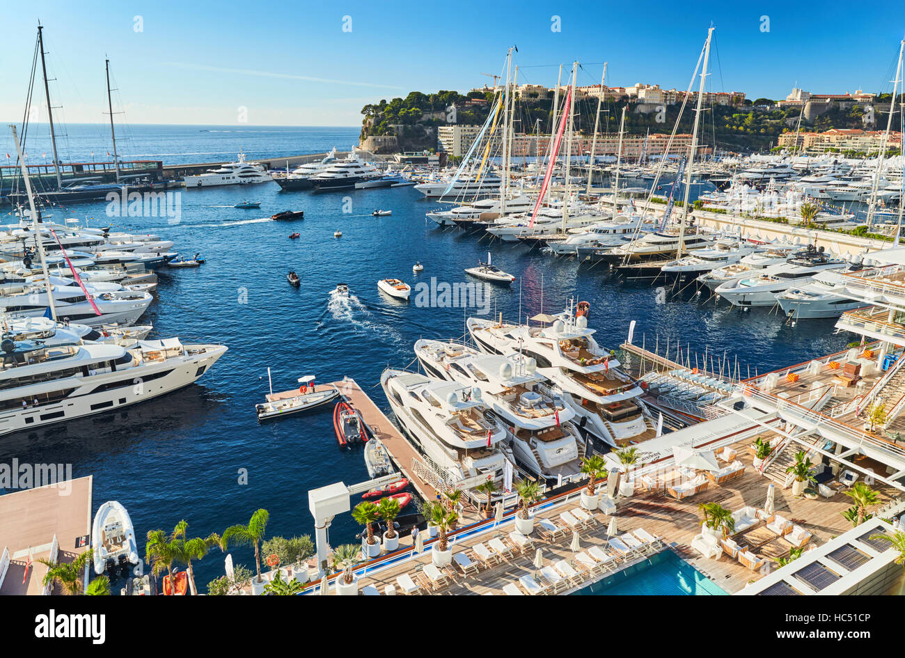 World Fair MYS Monaco Yacht Show, Port Hercules, luxury megayachts, many shuttles, taxi boat, presentations, Journalists, boat Stock Photo